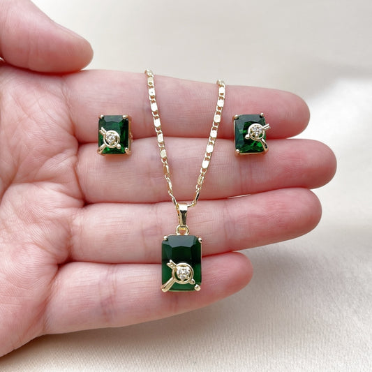 Oro Laminado Earring and Pendant Adult Set, Gold Filled Style Heart and Arrow Design, with Green and White Cubic Zirconia, Polished, Golden Finish