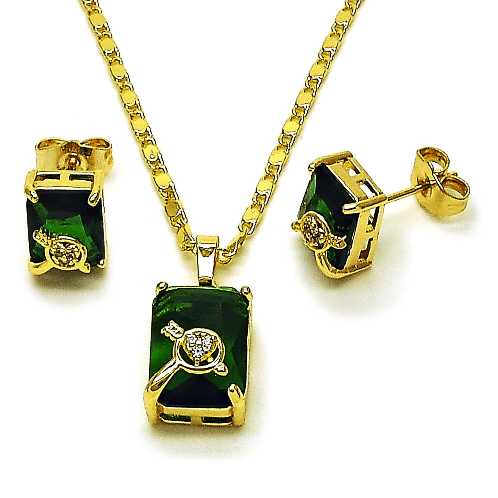 Oro Laminado Earring and Pendant Adult Set, Gold Filled Style Heart and Arrow Design, with Green and White Cubic Zirconia, Polished, Golden Finish