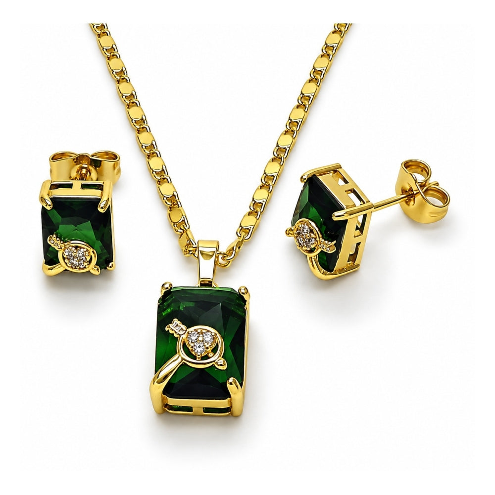 Oro Laminado Earring and Pendant Adult Set, Gold Filled Style Heart and Arrow Design, with Green and White Cubic Zirconia, Polished, Golden Finish