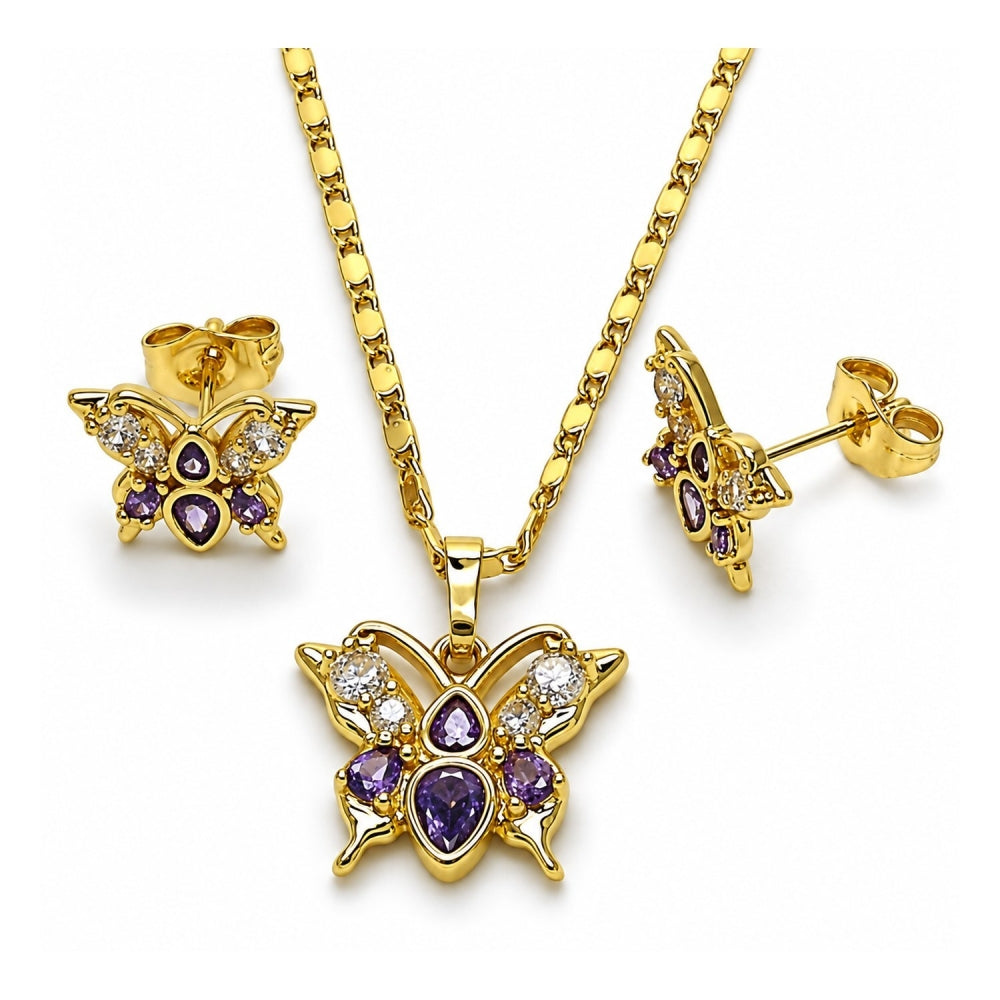 Oro Laminado Earring and Pendant Adult Set, Gold Filled Style Butterfly Design, with Amethyst and White Cubic Zirconia, Polished, Golden Finish
