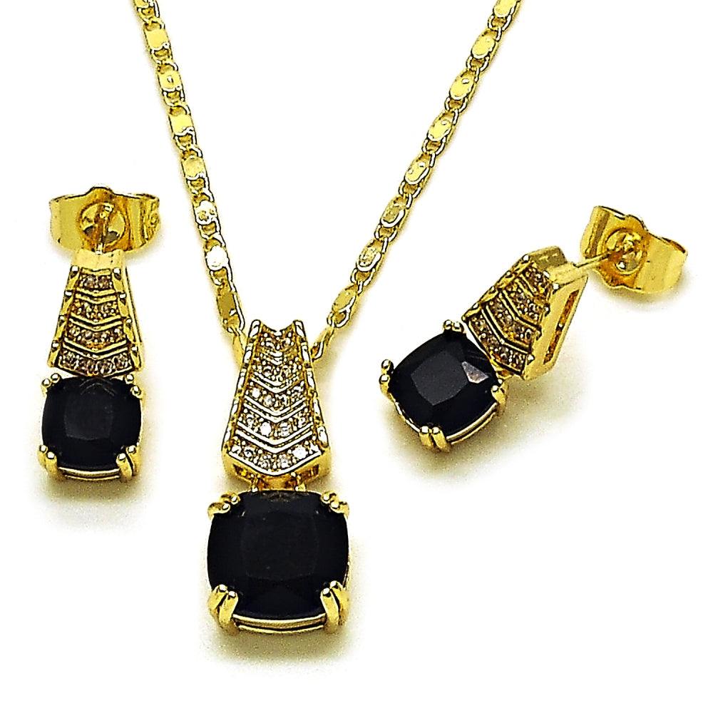 Oro Laminado Earring and Pendant Adult Set, Gold Filled Style with Black Cubic Zirconia and White Micro Pave, Polished, Golden Finish