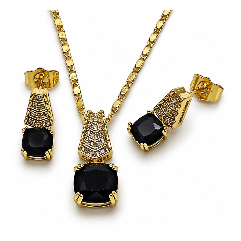 Oro Laminado Earring and Pendant Adult Set, Gold Filled Style with Black Cubic Zirconia and White Micro Pave, Polished, Golden Finish