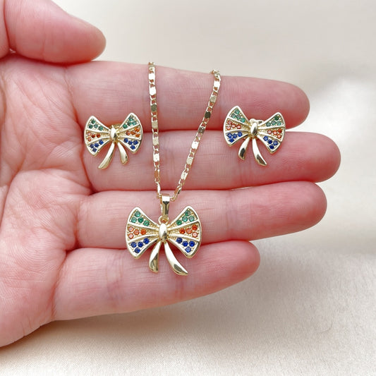 Oro Laminado Earring and Pendant Adult Set, Gold Filled Style Bow Design, with Multicolor Cubic Zirconia, Polished, Golden Finish