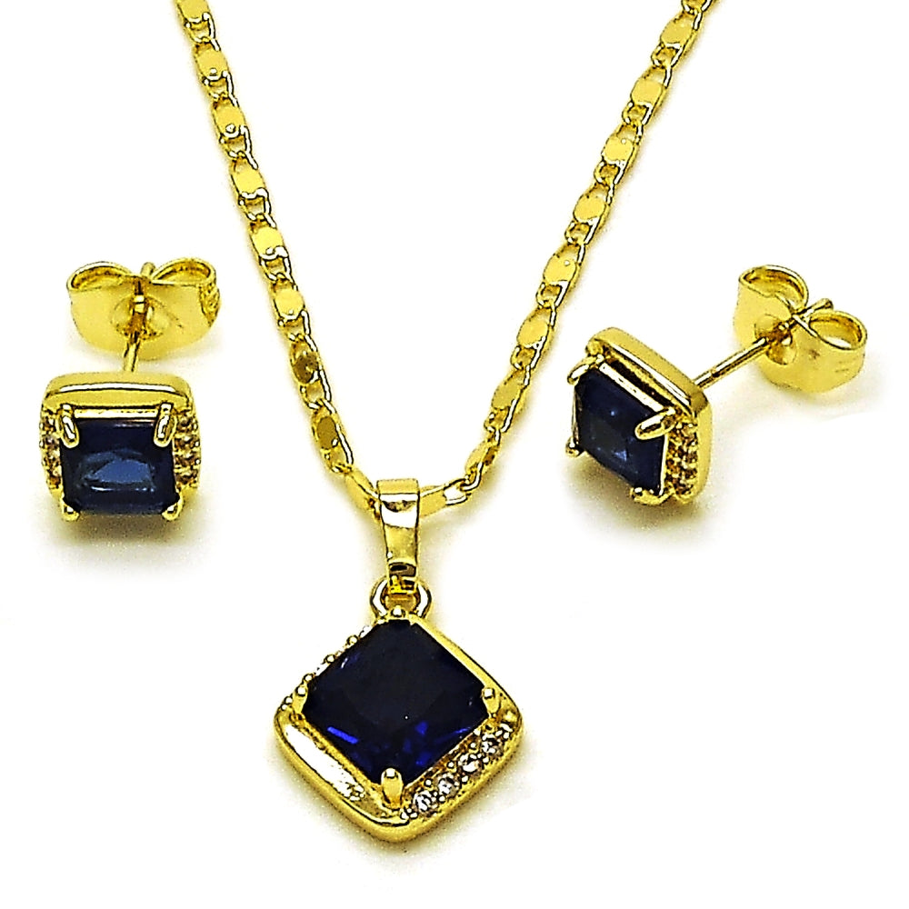 Oro Laminado Earring and Pendant Adult Set, Gold Filled Style Cluster Design, with Sapphire Blue Cubic Zirconia and White Micro Pave, Polished, Golden Finish