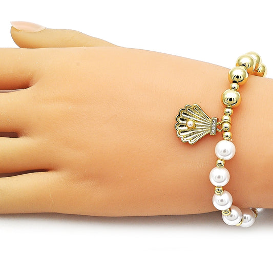 Oro Laminado Fancy Bracelet, Gold Filled Style Shell and Ball Design, with Ivory Pearl and White Micro Pave, Polished, Golden Finish