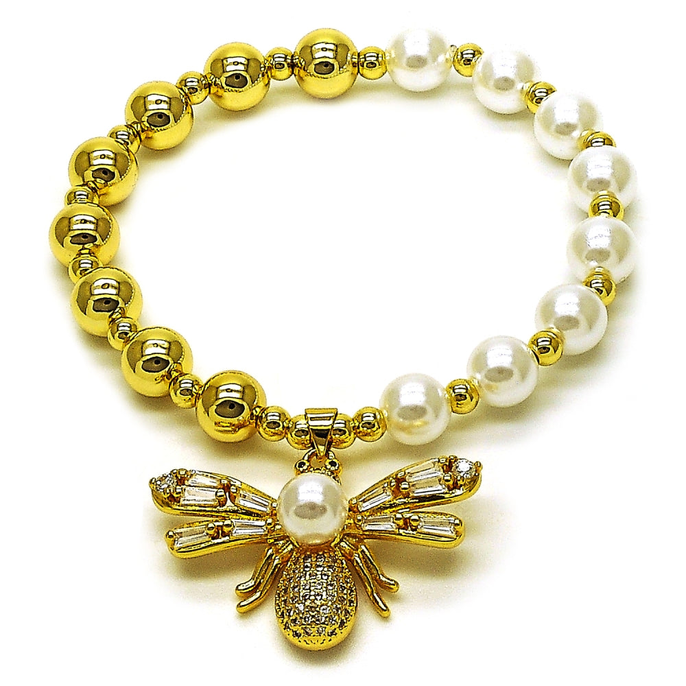 Oro Laminado Fancy Bracelet, Gold Filled Style Bee and Expandable Bead Design, with Ivory Pearl and White Cubic Zirconia, Polished, Golden Finish