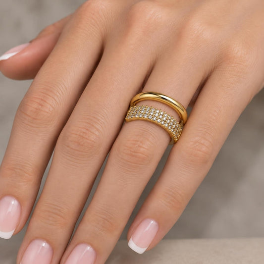 Oro Laminado Elegant Ring, Gold Filled Style with White Micro Pave, Polished, Golden Finish