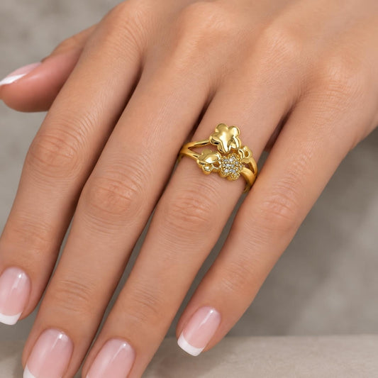 Oro Laminado Multi Stone Ring, Gold Filled Style Flower Design, with White Micro Pave, Polished, Golden Finish