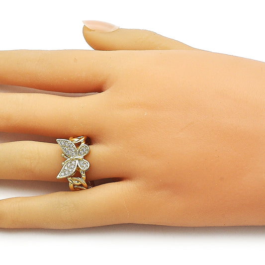 Oro Laminado Multi Stone Ring, Gold Filled Style Butterfly and Miami Cuban Design, with White Cubic Zirconia, Polished, Golden Finish