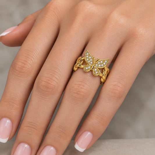 Oro Laminado Multi Stone Ring, Gold Filled Style Butterfly and Miami Cuban Design, with White Cubic Zirconia, Polished, Golden Finish
