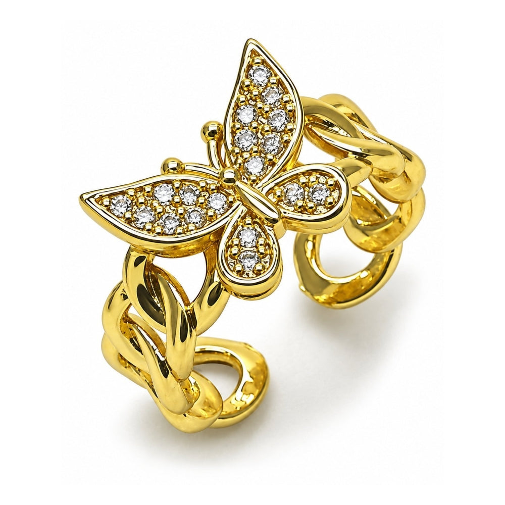 Oro Laminado Multi Stone Ring, Gold Filled Style Butterfly and Miami Cuban Design, with White Cubic Zirconia, Polished, Golden Finish