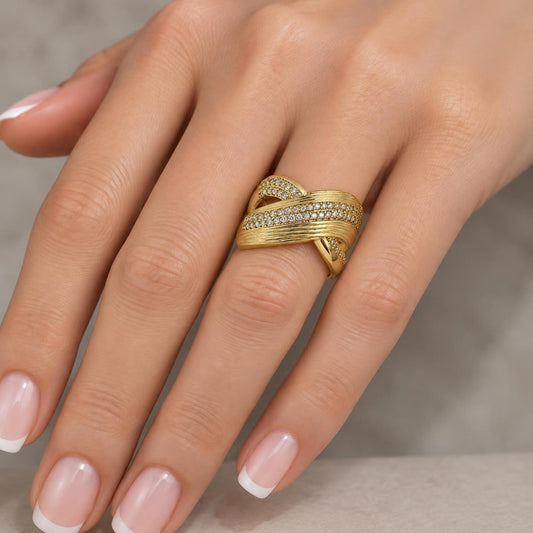 Oro Laminado Multi Stone Ring, Gold Filled Style Twist Design, with White Cubic Zirconia and White Micro Pave, Diamond Cutting Finish, Golden Finish