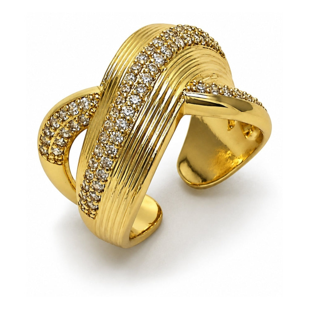 Oro Laminado Multi Stone Ring, Gold Filled Style Twist Design, with White Cubic Zirconia and White Micro Pave, Diamond Cutting Finish, Golden Finish