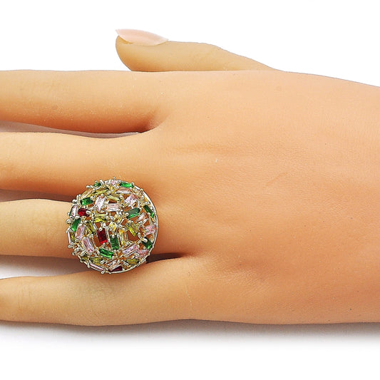 Oro Laminado Multi Stone Ring, Gold Filled Style Baguette Design, with Multicolor Cubic Zirconia, Polished, Golden Finish