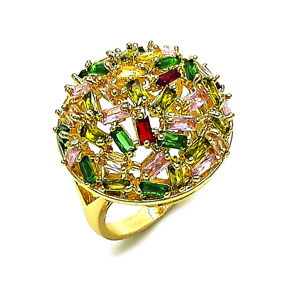 Oro Laminado Multi Stone Ring, Gold Filled Style Baguette Design, with Multicolor Cubic Zirconia, Polished, Golden Finish