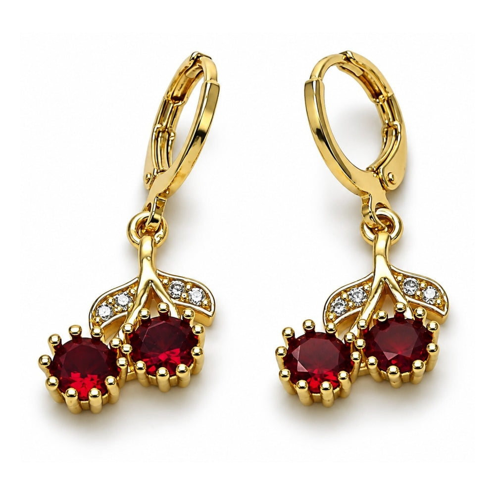 Oro Laminado Dangle Earring, Gold Filled Style Cherry Design, with Garnet Cubic Zirconia and White Micro Pave, Polished, Golden Finish
