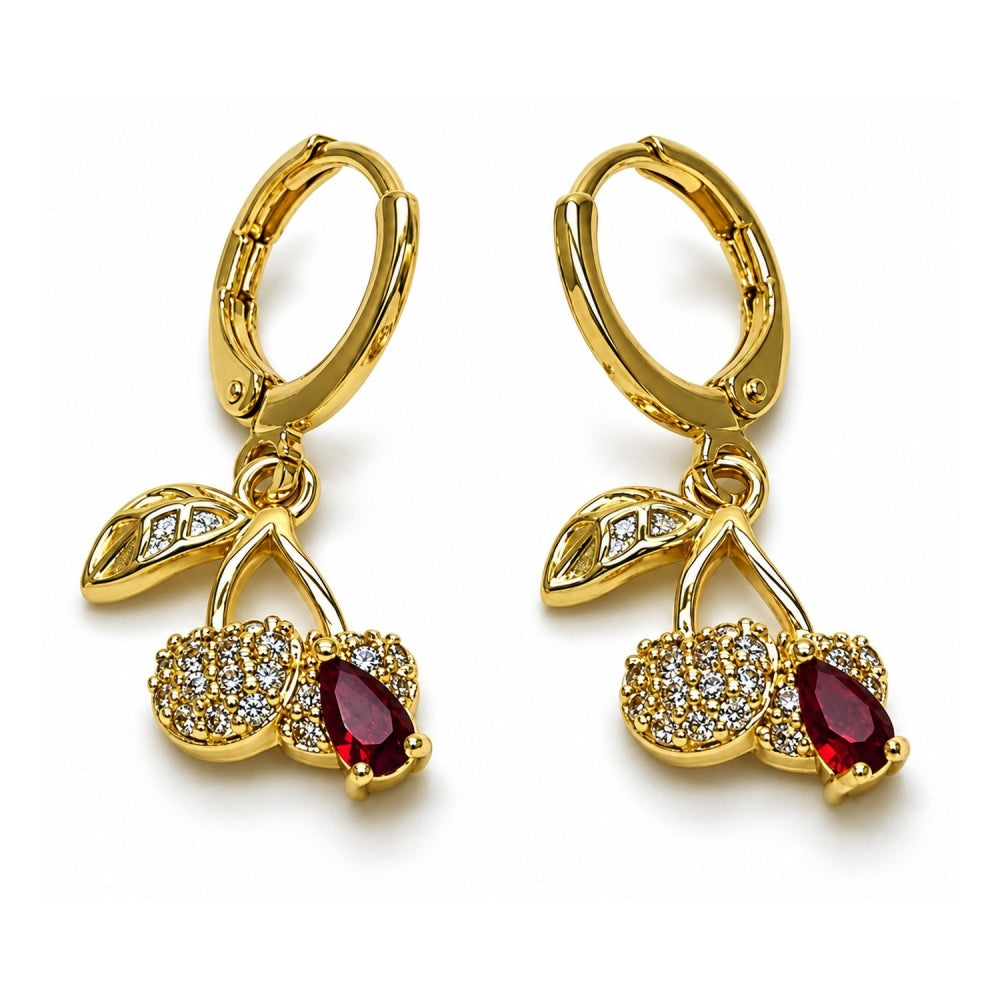 Oro Laminado Dangle Earring, Gold Filled Style Cherry Design, with Garnet Cubic Zirconia and White Micro Pave, Polished, Golden Finish