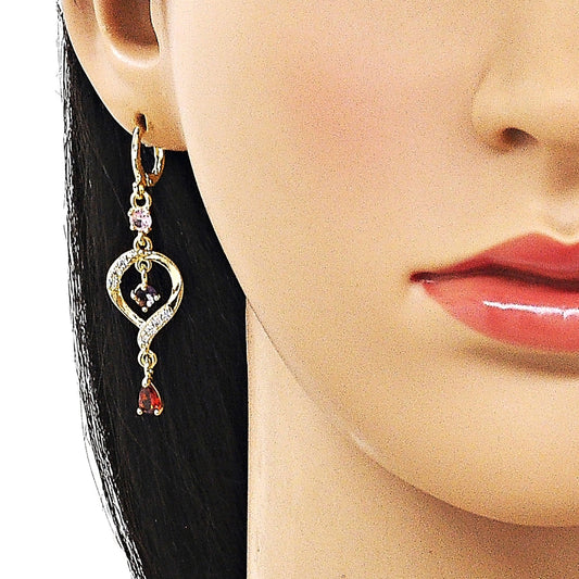 Oro Laminado Long Earring, Gold Filled Style Teardrop Design, with Multicolor and White Cubic Zirconia, Polished, Golden Finish