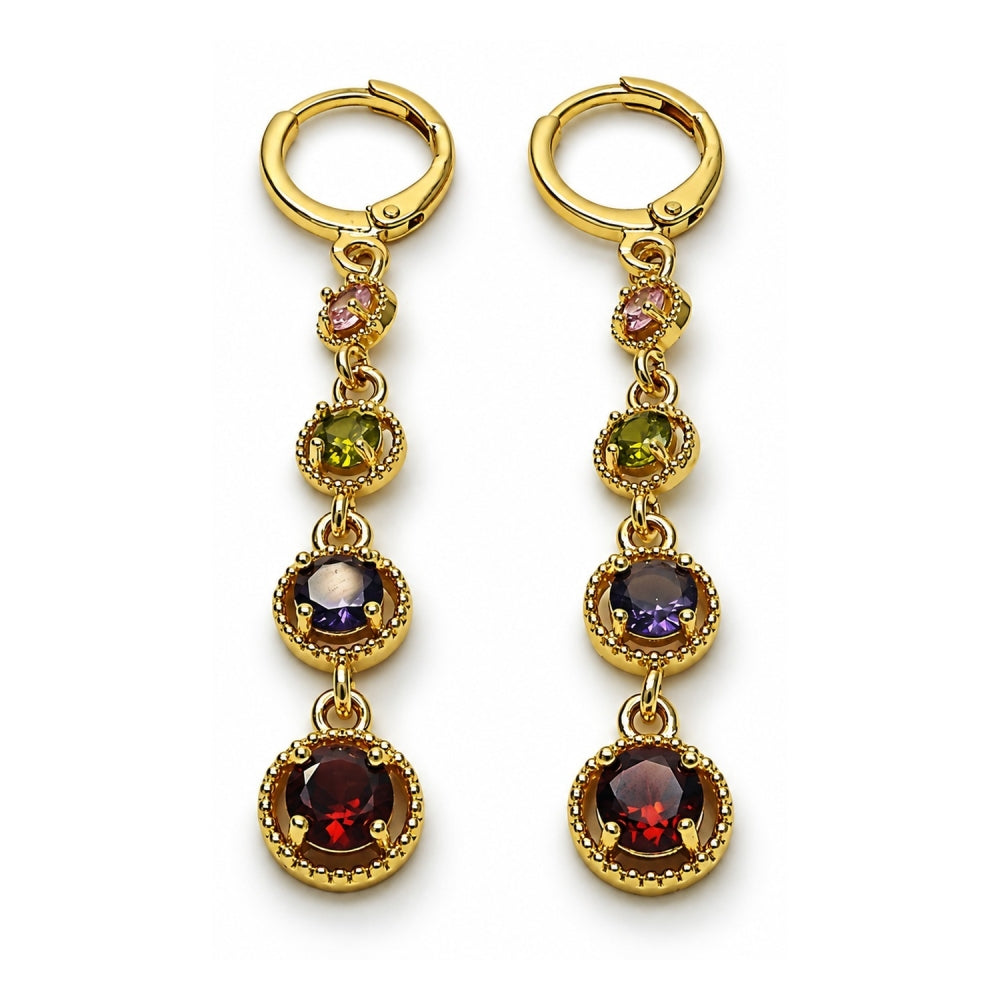 Oro Laminado Long Earring, Gold Filled Style with Multicolor Cubic Zirconia, Polished, Golden Finish