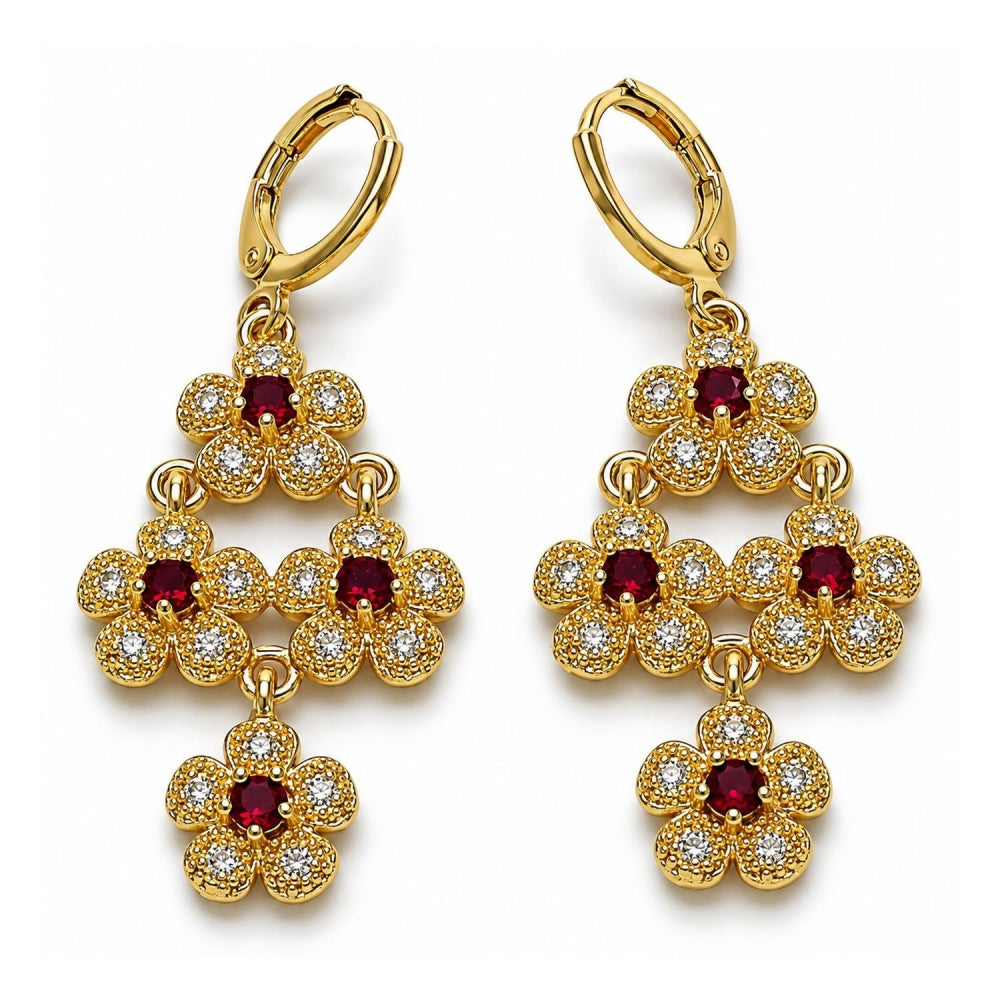 Oro Laminado Long Earring, Gold Filled Style Flower and Cluster Design, with Garnet and White Cubic Zirconia, Polished, Golden Finish