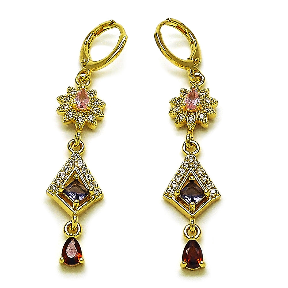 Oro Laminado Long Earring, Gold Filled Style Flower and Teardrop Design, with Multicolor and White Cubic Zirconia, Polished, Golden Finish
