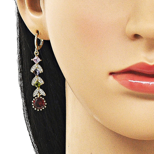 Oro Laminado Long Earring, Gold Filled Style Cluster Design, with Multicolor Cubic Zirconia and White Micro Pave, Polished, Golden Finish