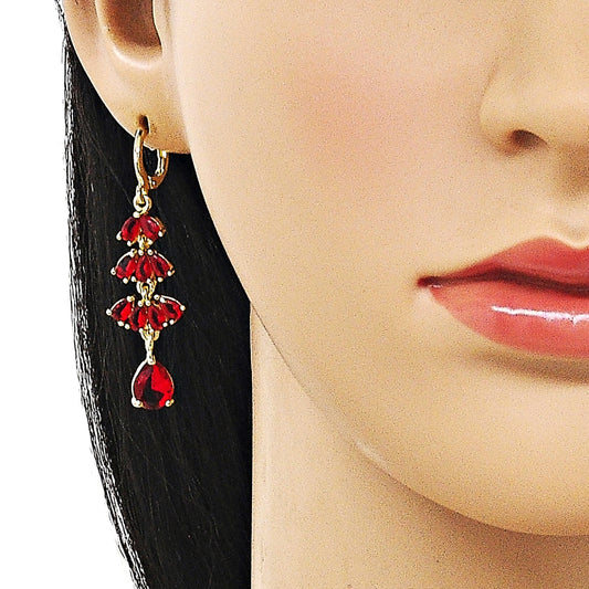 Oro Laminado Long Earring, Gold Filled Style Teardrop Design, with Garnet Cubic Zirconia, Polished, Golden Finish