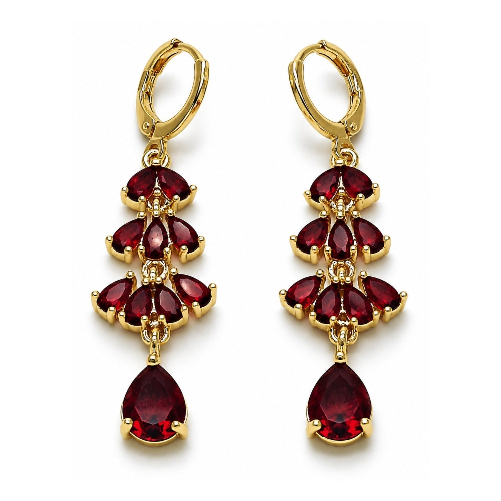 Oro Laminado Long Earring, Gold Filled Style Teardrop Design, with Garnet Cubic Zirconia, Polished, Golden Finish
