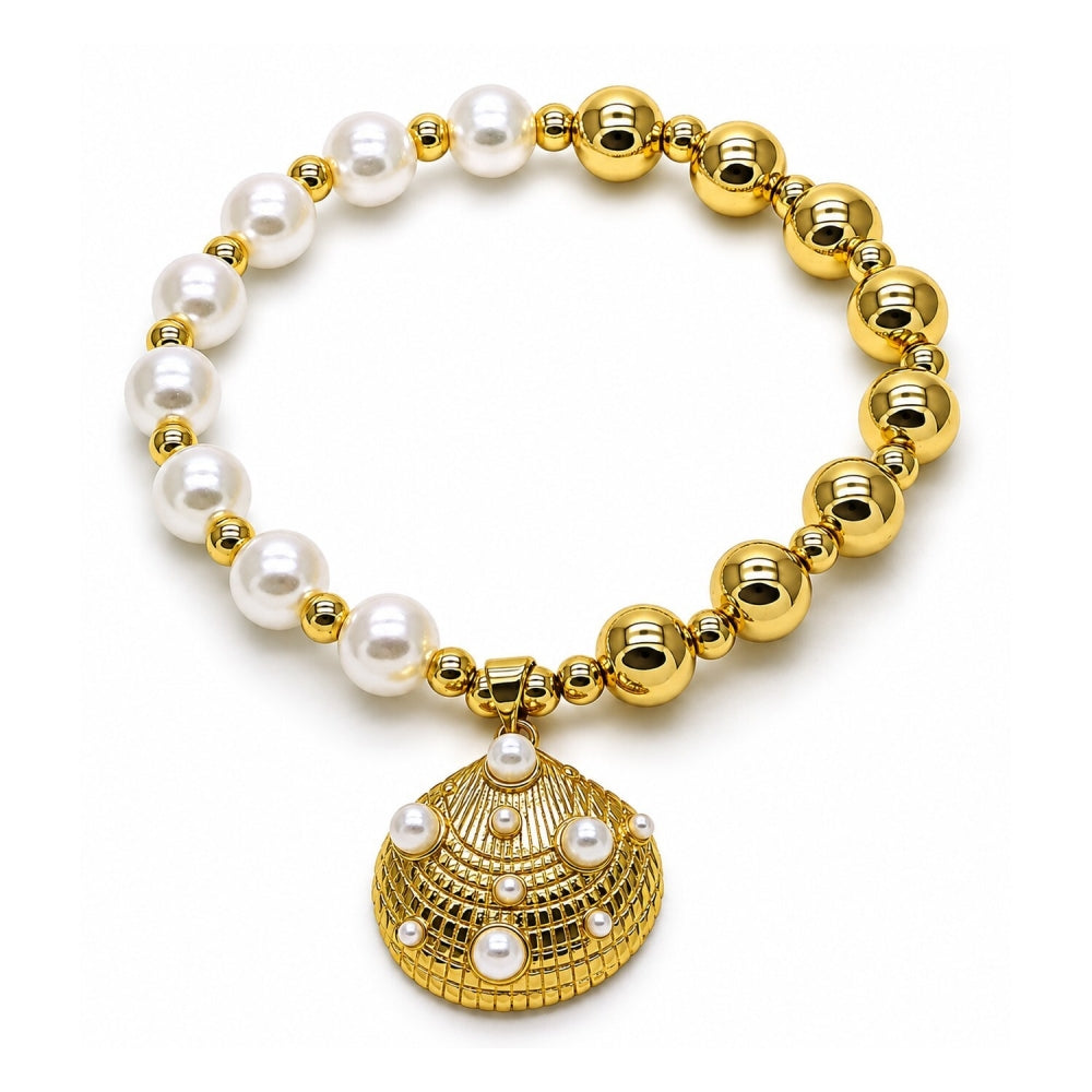 Oro Laminado Fancy Bracelet, Gold Filled Style Shell and Expandable Bead Design, with Ivory Pearl, Polished, Golden Finish
