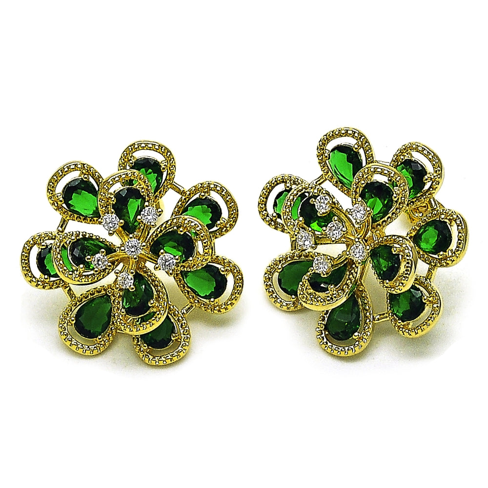 Oro Laminado Stud Earring, Gold Filled Style Flower and Teardrop Design, with Green and White Cubic Zirconia, Diamond Cutting Finish, Golden Finish