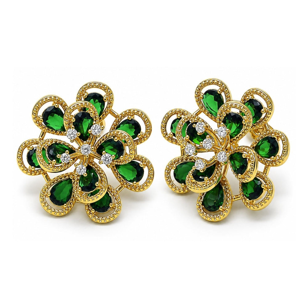 Oro Laminado Stud Earring, Gold Filled Style Flower and Teardrop Design, with Green and White Cubic Zirconia, Diamond Cutting Finish, Golden Finish