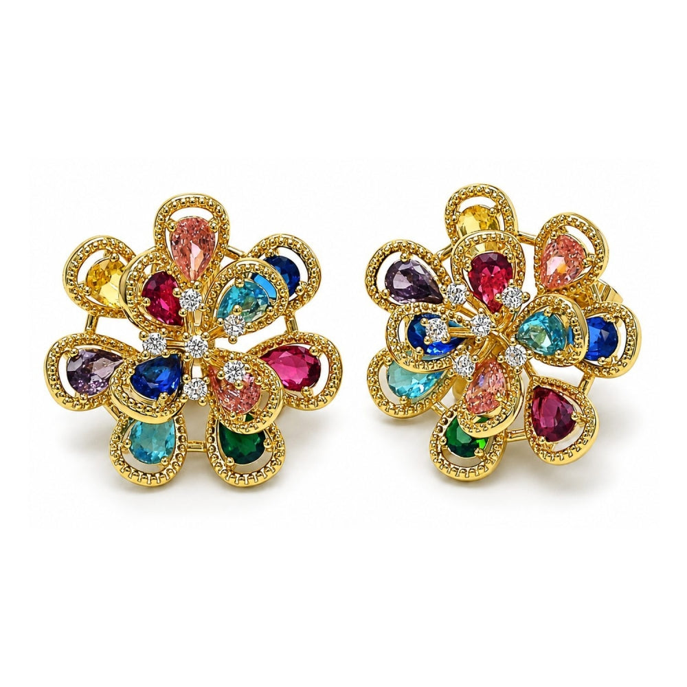 Oro Laminado Stud Earring, Gold Filled Style Flower and Teardrop Design, with Multicolor and White Cubic Zirconia, Diamond Cutting Finish, Golden Finish