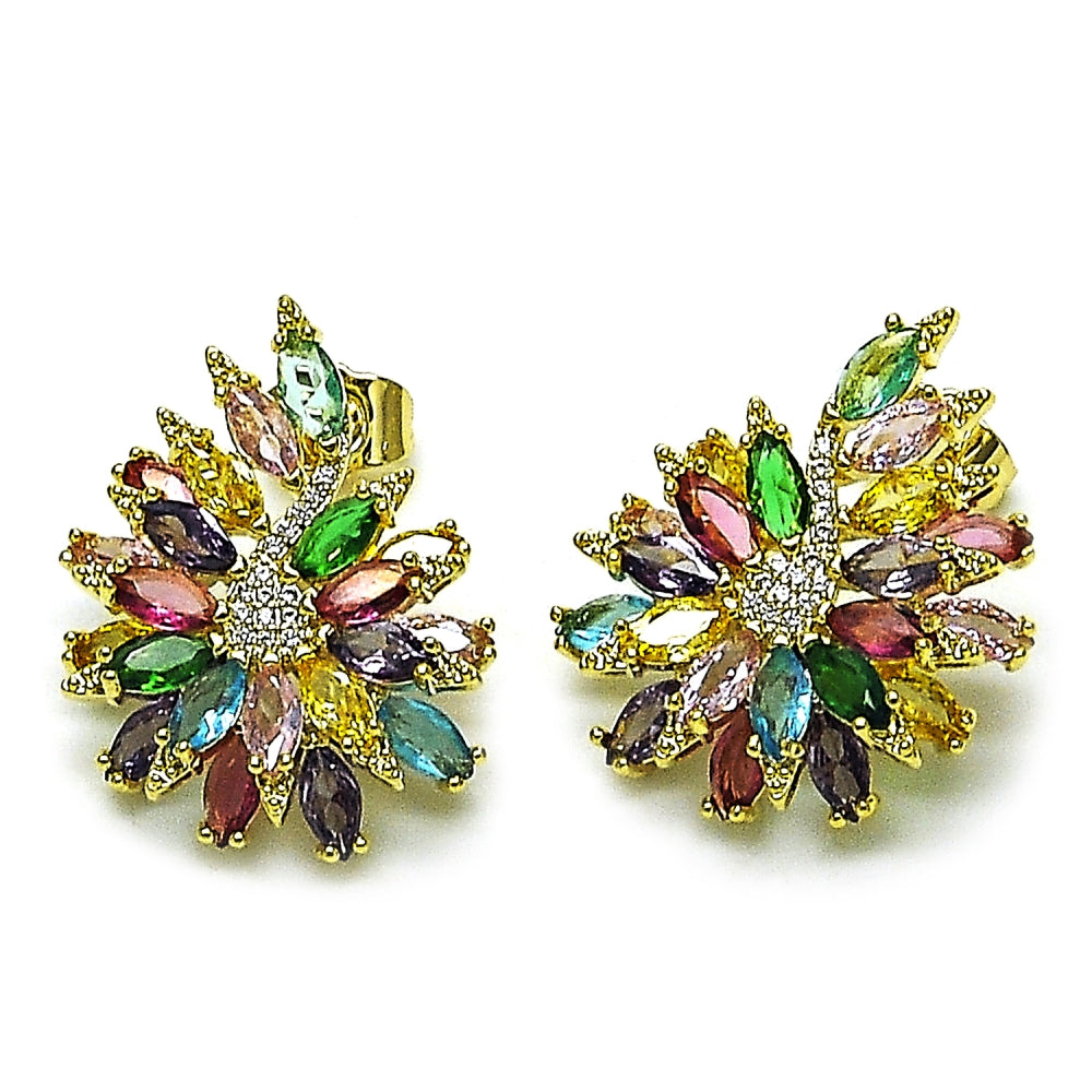 Oro Laminado Stud Earring, Gold Filled Style Flower Design, with Multicolor and White Cubic Zirconia, Polished, Golden Finish