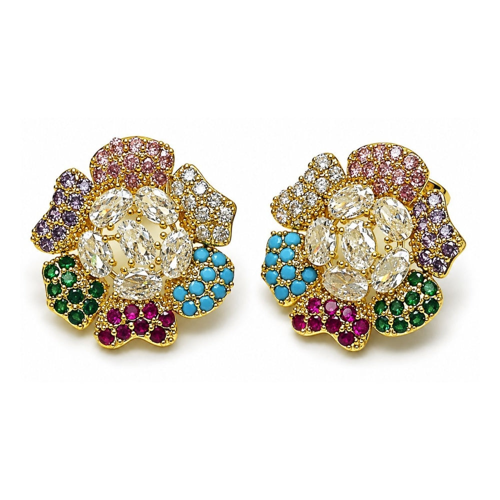 Oro Laminado Stud Earring, Gold Filled Style Flower Design, with White and Multicolor Cubic Zirconia, Polished, Golden Finish