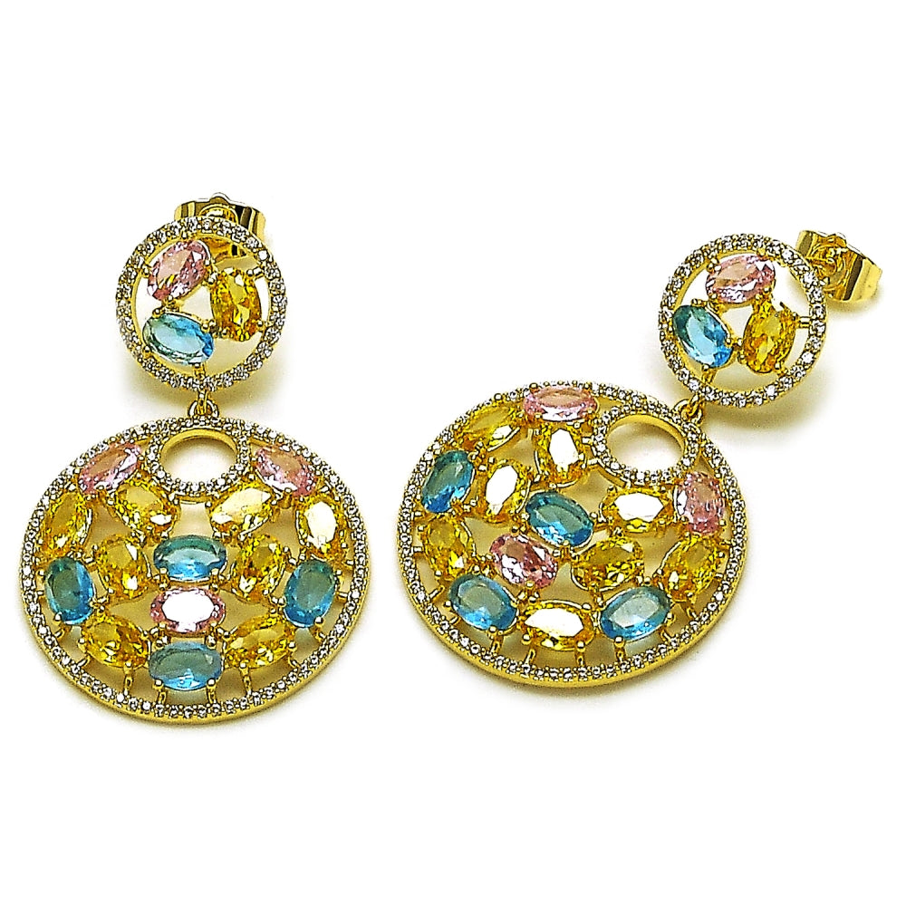 Oro Laminado Stud Earring, Gold Filled Style with Multicolor Cubic Zirconia and White Micro Pave, Polished, Golden Finish