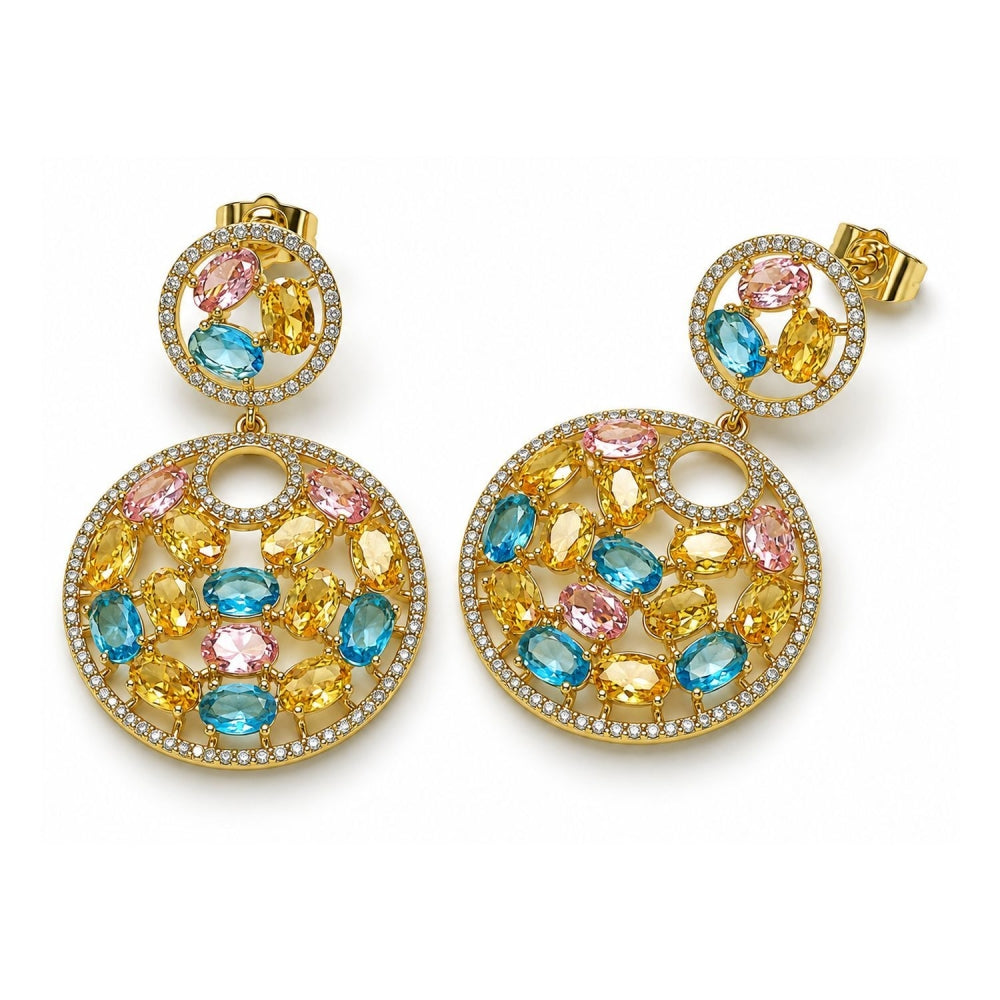 Oro Laminado Stud Earring, Gold Filled Style with Multicolor Cubic Zirconia and White Micro Pave, Polished, Golden Finish