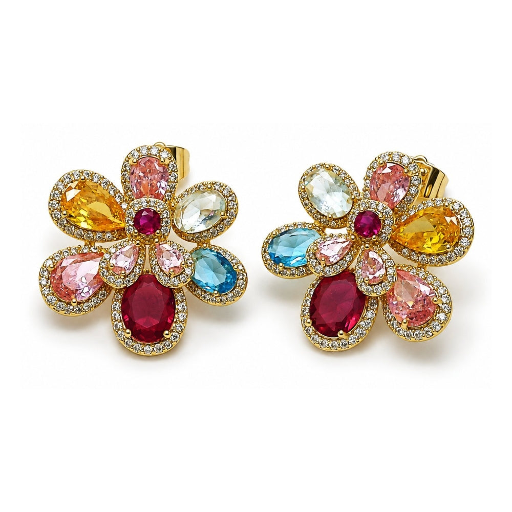 Oro Laminado Stud Earring, Gold Filled Style Flower and Teardrop Design, with Multicolor Cubic Zirconia and White Micro Pave, Polished, Golden Finish