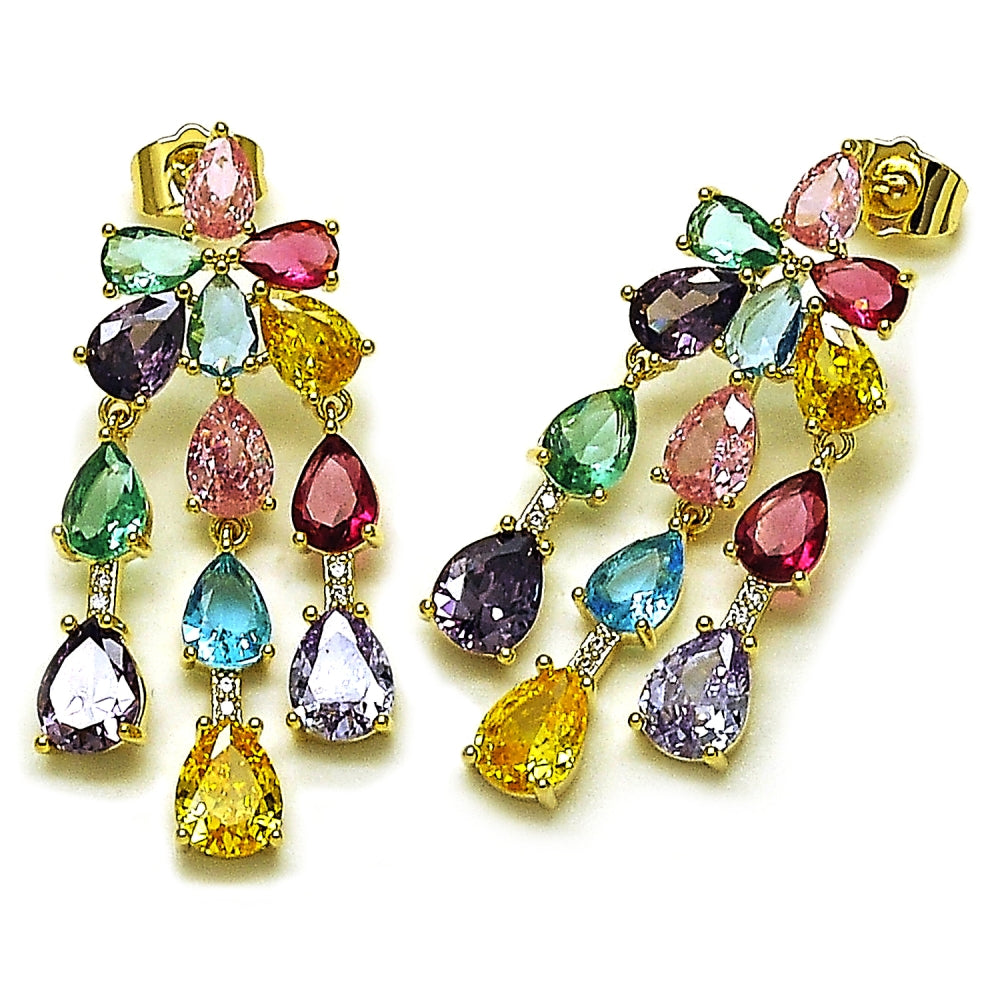 Oro Laminado Stud Earring, Gold Filled Style Teardrop Design, with Multicolor Cubic Zirconia and White Micro Pave, Polished, Golden Finish
