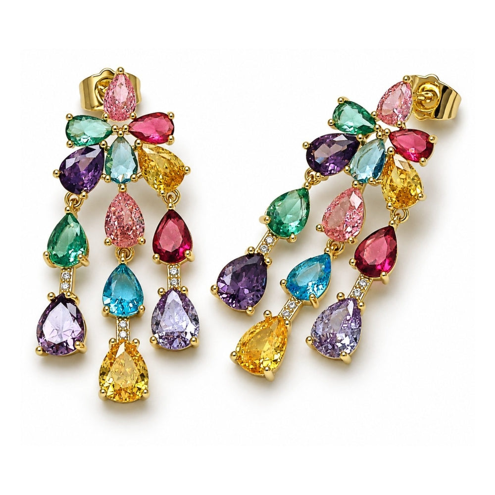 Oro Laminado Stud Earring, Gold Filled Style Teardrop Design, with Multicolor Cubic Zirconia and White Micro Pave, Polished, Golden Finish