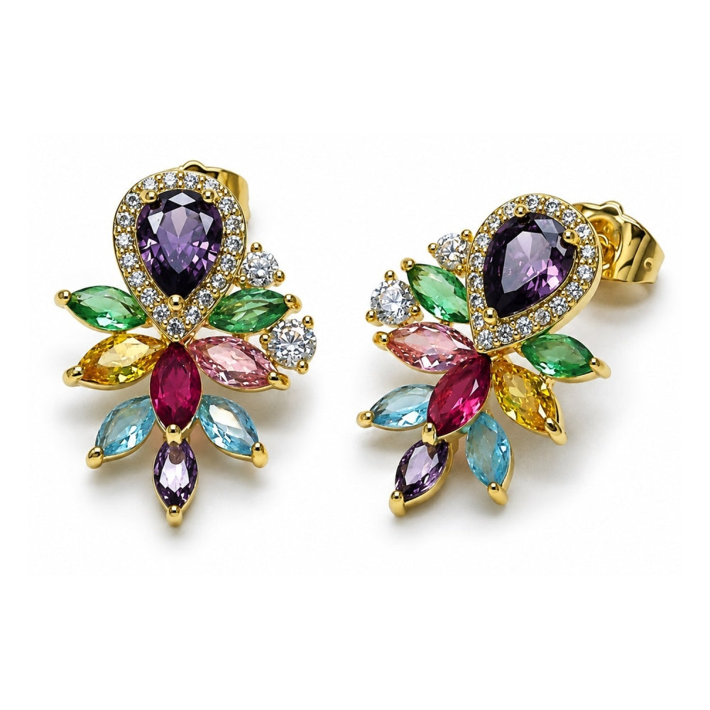 Oro Laminado Stud Earring, Gold Filled Style Teardrop and Cluster Design, with Multicolor Cubic Zirconia and White Micro Pave, Polished, Golden Finish