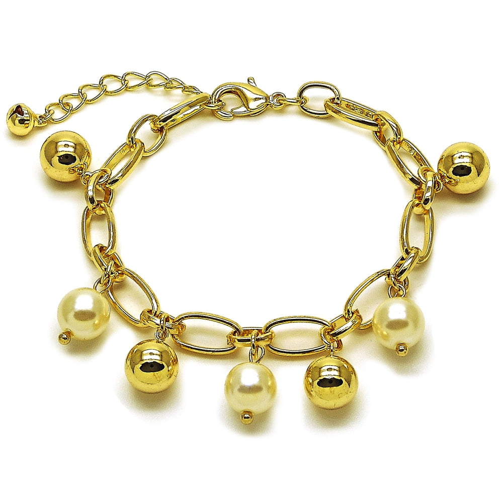 Oro Laminado Charm Bracelet, Gold Filled Style Ball Design, with Ivory Pearl, Polished, Golden Finish
