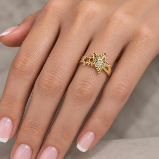 Oro Laminado Multi Stone Ring, Gold Filled Style Star Design, with White Micro Pave, Polished, Golden Finish