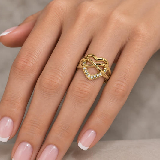 Oro Laminado Elegant Ring, Gold Filled Style Heart and Infinite Design, with White Cubic Zirconia, Polished, Golden Finish