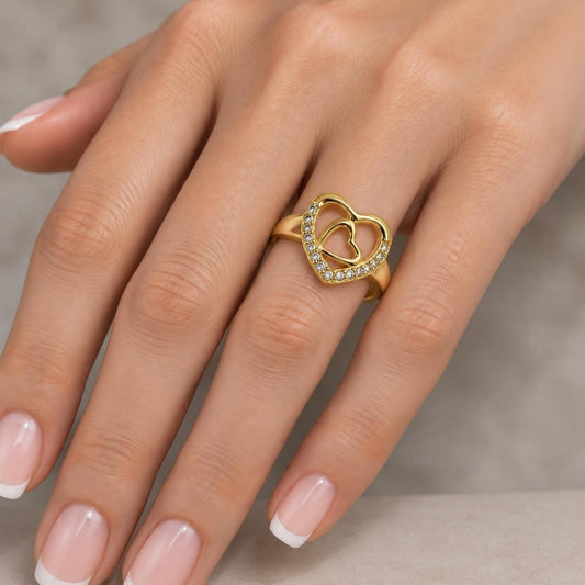 Oro Laminado Multi Stone Ring, Gold Filled Style Heart Design, with White Cubic Zirconia, Polished, Golden Finish