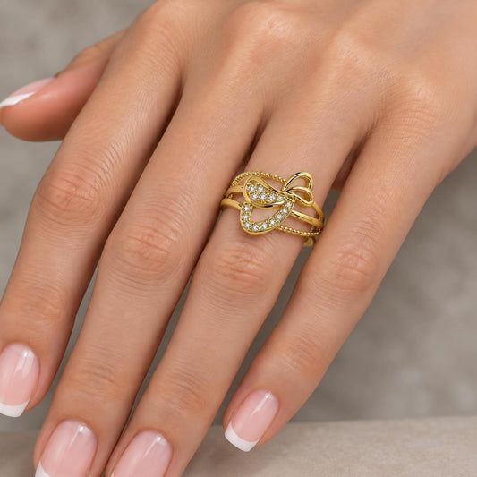 Oro Laminado Multi Stone Ring, Gold Filled Style Heart Design, with White Cubic Zirconia, Polished, Golden Finish