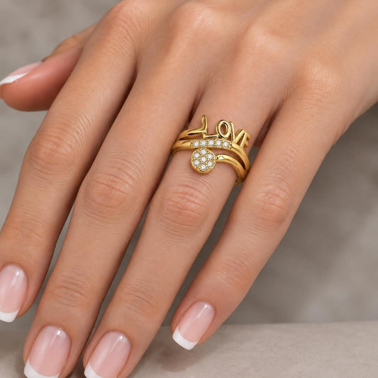 Oro Laminado Multi Stone Ring, Gold Filled Style Love Design, with White Cubic Zirconia, Polished, Golden Finish