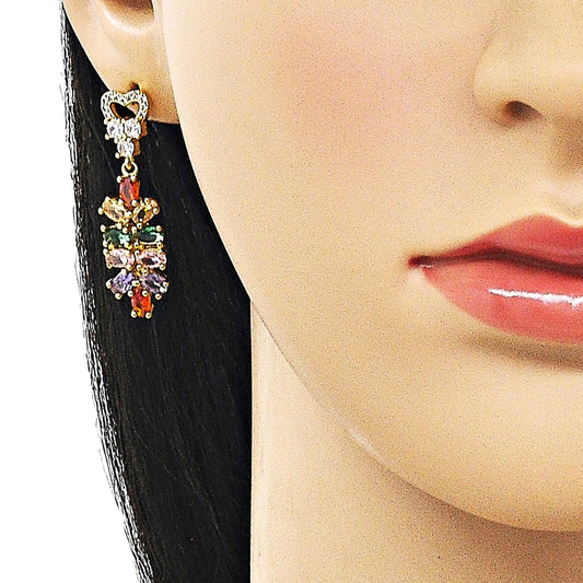 Oro Laminado Long Earring, Gold Filled Style Heart Design, with Multicolor and White Cubic Zirconia, Polished, Golden Finish