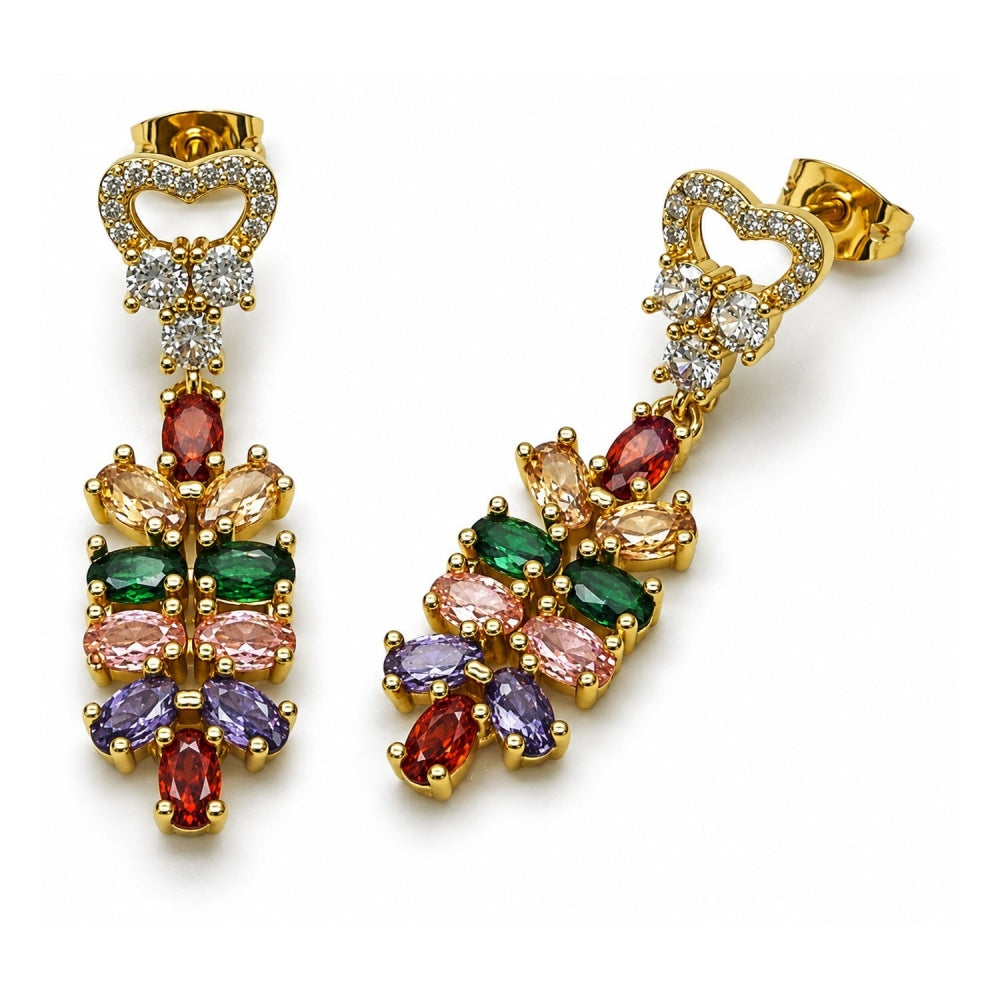 Oro Laminado Long Earring, Gold Filled Style Heart Design, with Multicolor and White Cubic Zirconia, Polished, Golden Finish