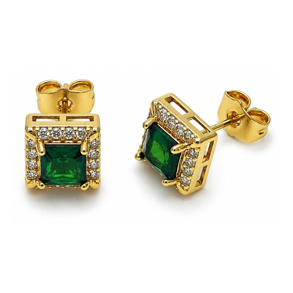 Oro Laminado Stud Earring, Gold Filled Style Cluster Design, with Green and White Cubic Zirconia, Polished, Golden Finish