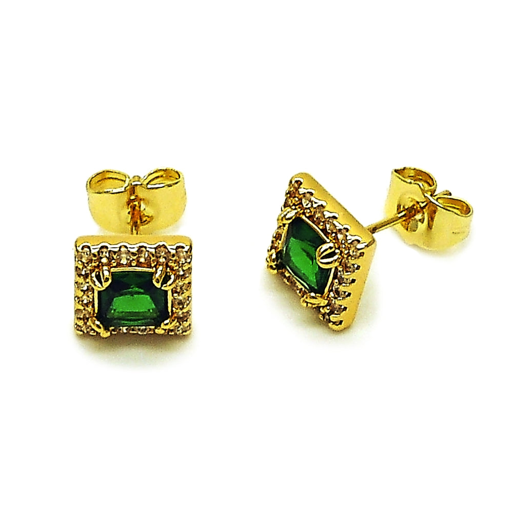 Oro Laminado Stud Earring, Gold Filled Style Cluster Design, with Green and White Cubic Zirconia, Polished, Golden Finish